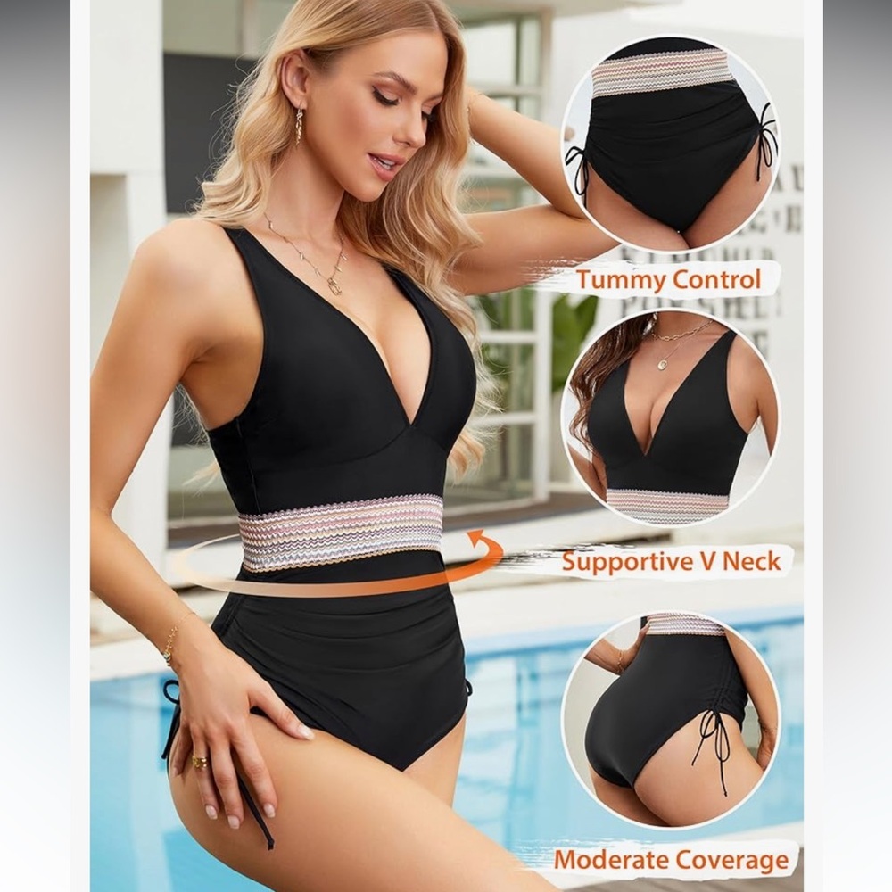 Black One Piece Tummy Control Swimsuit with Striped Waist - Picture 15 of 16